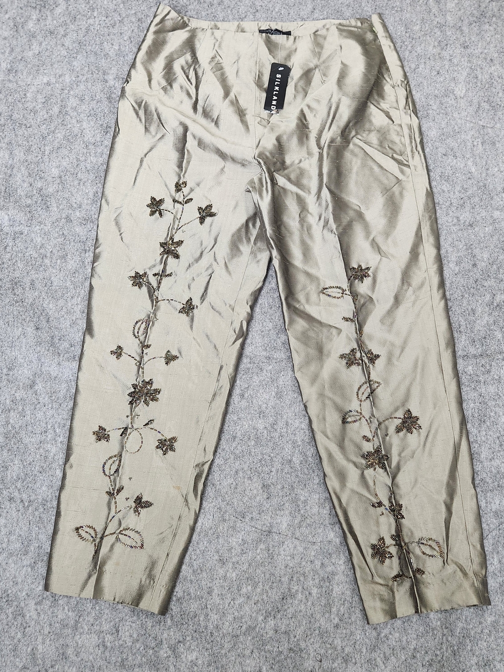 NWT Silkland 100% Silk Beaded Pants Women's 14 Green Satin Side Zip Floral Glam